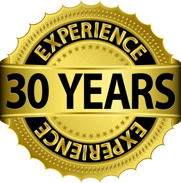 30 years experience golden label with ribbon, vector illustration — Stock Vector