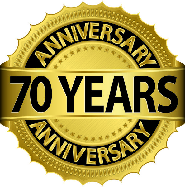70 years anniversary goldhn label with ribbon, vector illustration