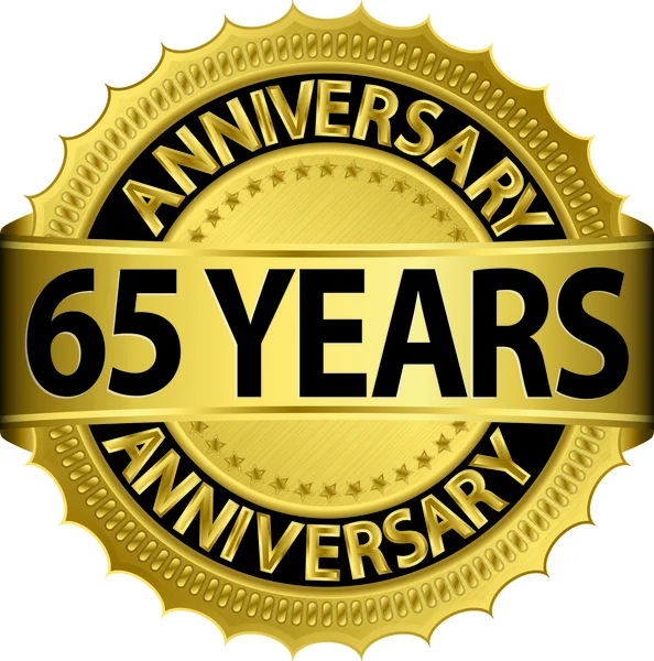 65 anos de etiqueta goldhn aniversário com fita, ilustração vetorial — Vetor de Stock