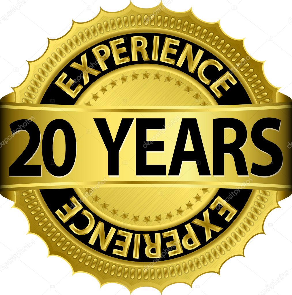 20 years experience golden label with ribbon, vector illustration