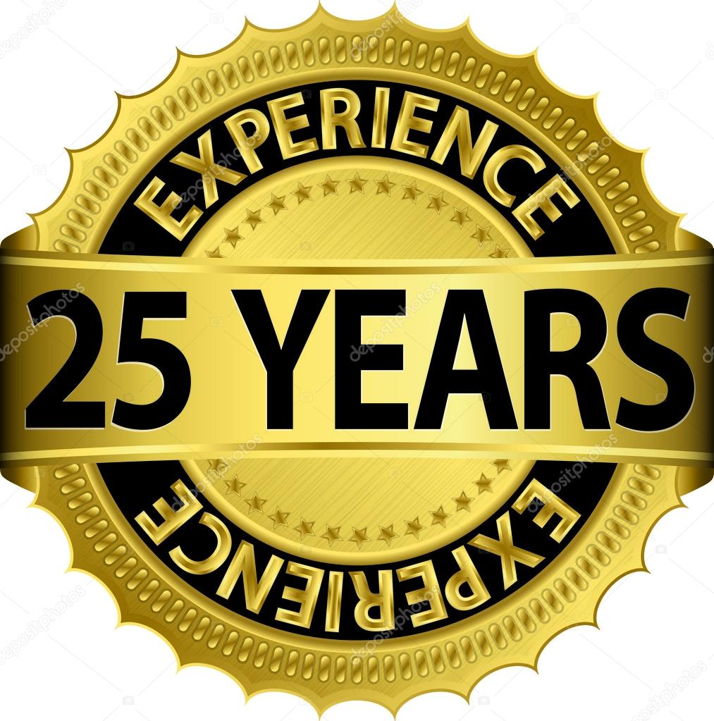 25 years experience golden label with ribbon, vector illustration