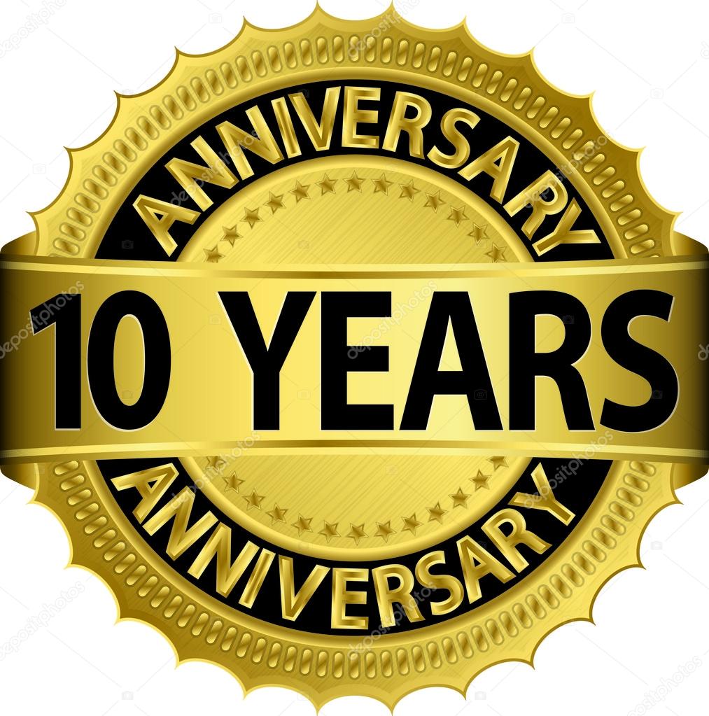 10 years anniversary goldhn label with ribbon, vector illustration