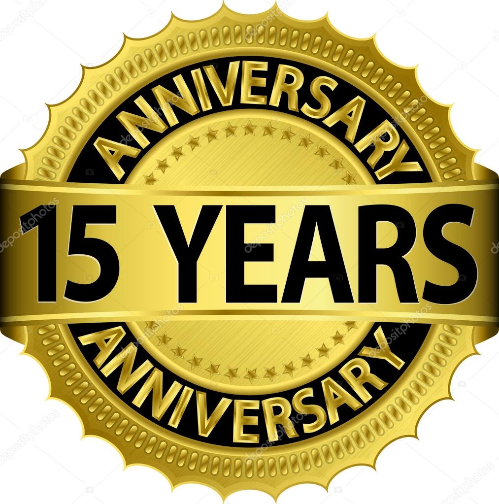 15 years anniversary goldhn label with ribbon, vector illustration
