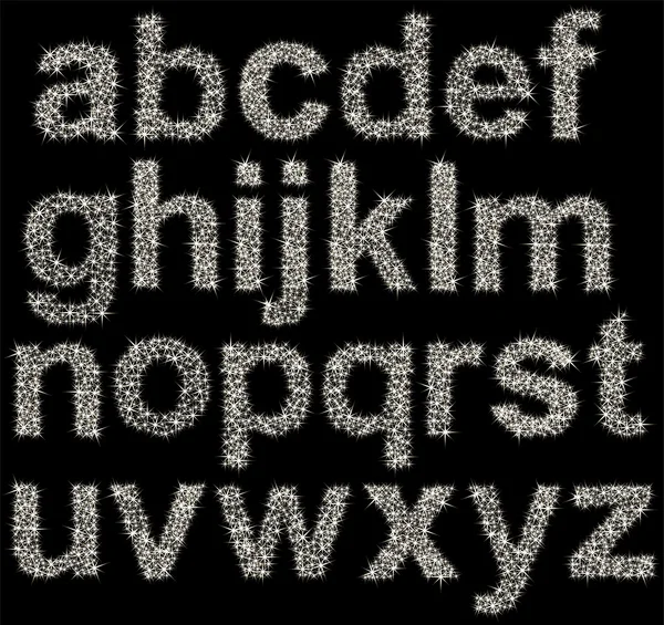 Glänzendes Alphabet aus leuchtenden Sternen, Buchstaben von a bis z, Vektorillustration — Stockvektor