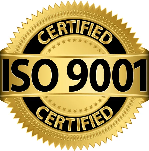 ISO 9001-certifierade gyllene etikett, vektor illustration — Stock vektor