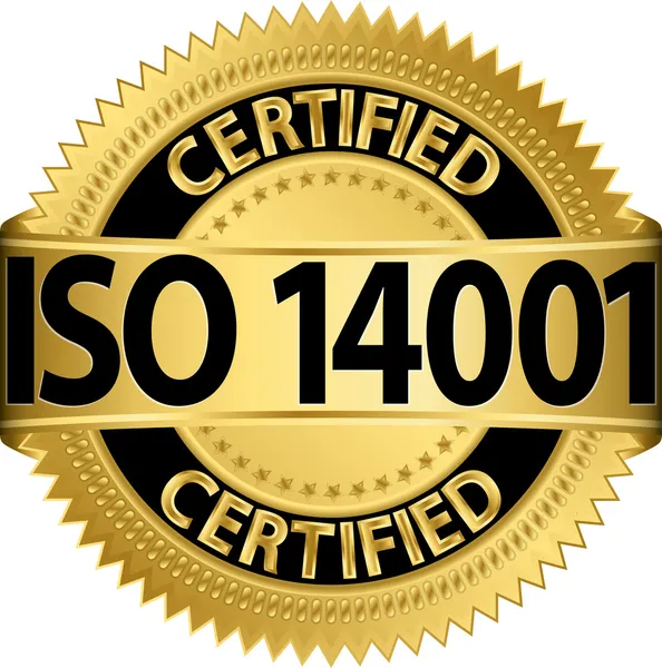 Золотая этикетка ISO 14001, векторная иллюстрация — стоковый вектор