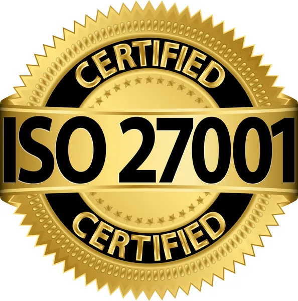 Etiqueta dorada certificada ISO 27001, ilustración vectorial — Vector de stock