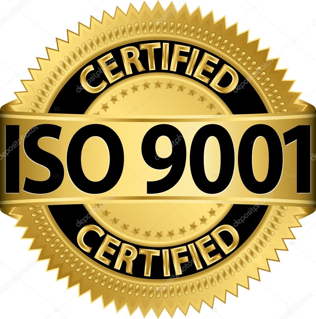 ISO 9001 certified golden label, vector illustration