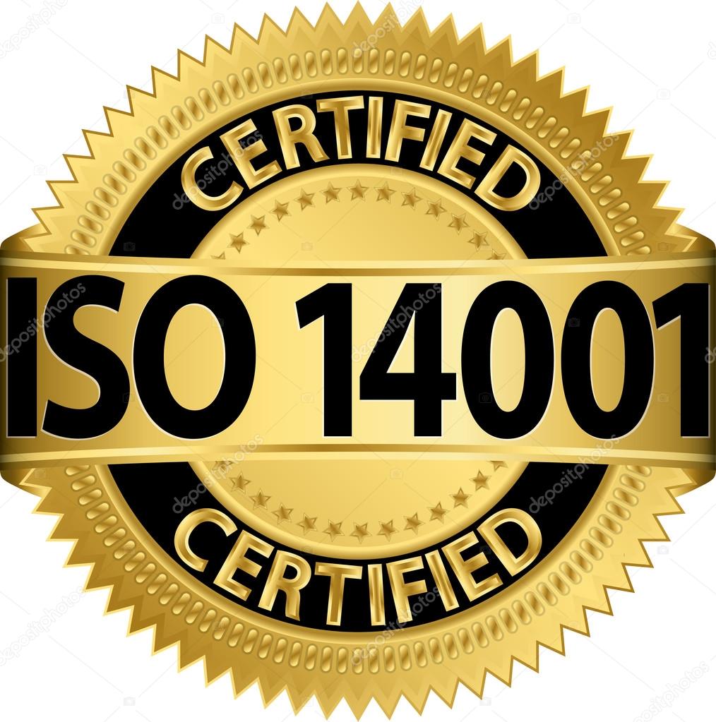 ISO 14001 certified golden label, vector illustration