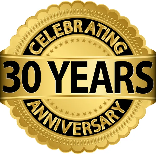Vieren 30 jaar verjaardag gouden label met lint, vector illustratie — Stockvector