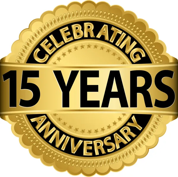 Oslava 15 let výročí zlatý štítek s mašlí, vektorové ilustrace — Stockový vektor
