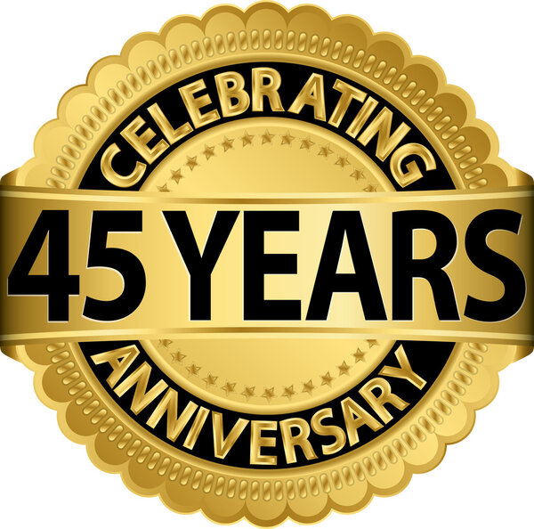 Празднование 45-летнего юбилея золотой этикетки с лентой, векторная иллюстрация

