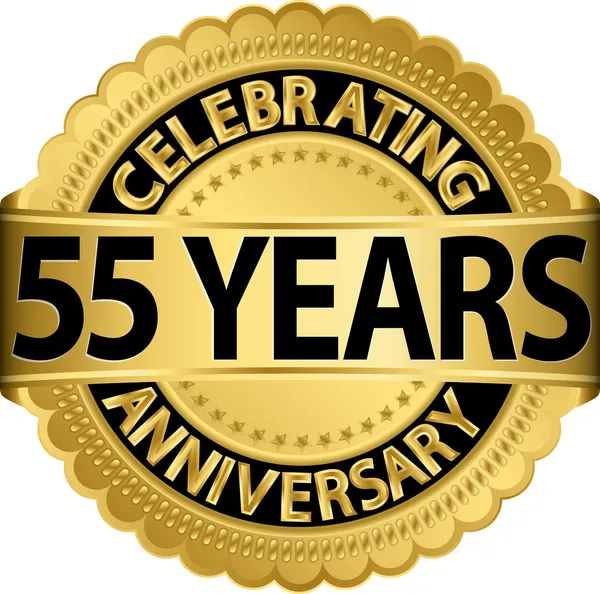 Celebrating 55 years anniversary golden label with ribbon, vector illustration — Stock Vector