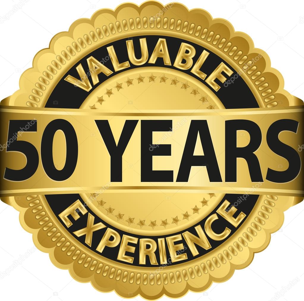 Valuable 50 years of experience golden label with ribbon, vector illustration