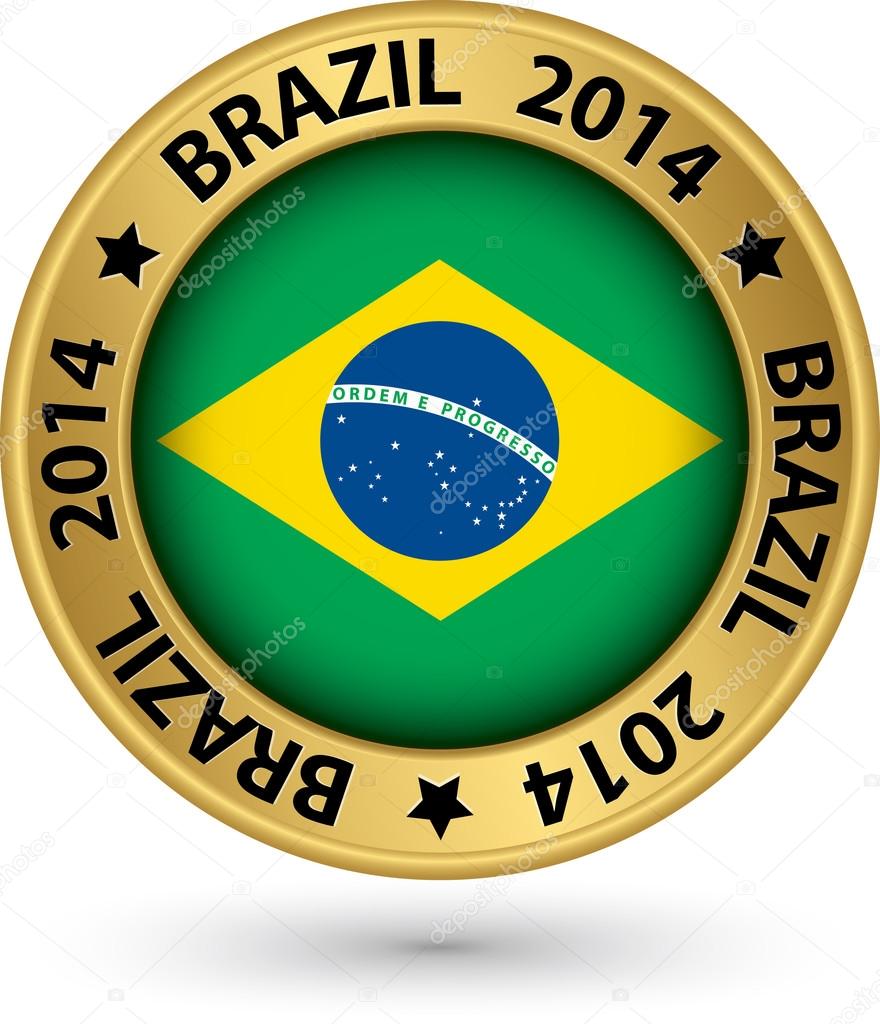  Brazil 2014 football world cup gold label, vector illustration