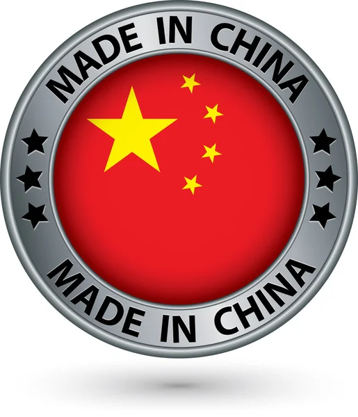 Feito na China etiqueta de prata com bandeira, ilustração vetorial — Vetor de Stock