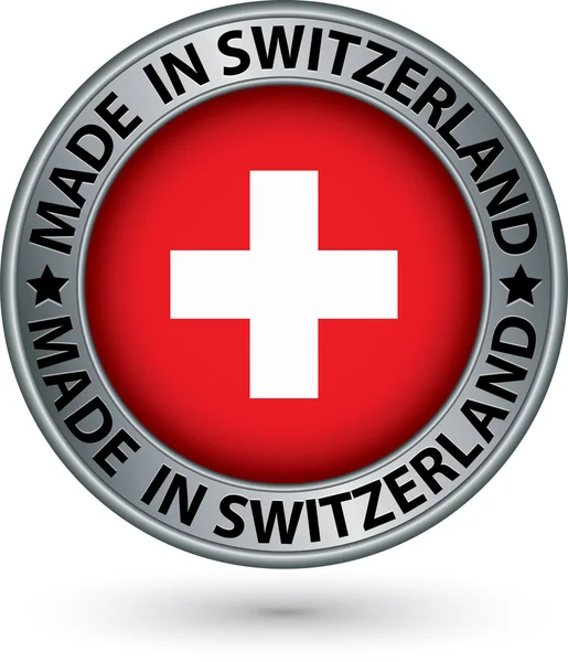 Tillverkad i Schweiz silver etikett med flagga, vektor illustration — Stock vektor