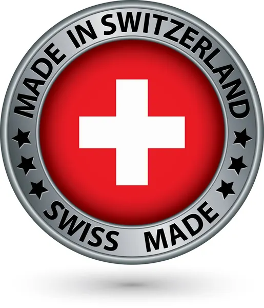 Fabricado en Suiza etiqueta de plata con bandera, vector de ilustración — Vector de stock