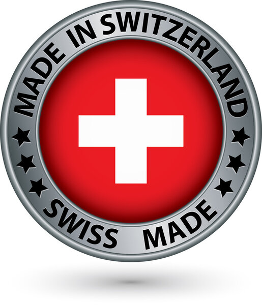 Made in Switzerland silver label with flag, vector illustration