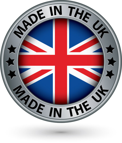 Made in the UK silver label with flag, vector illustration