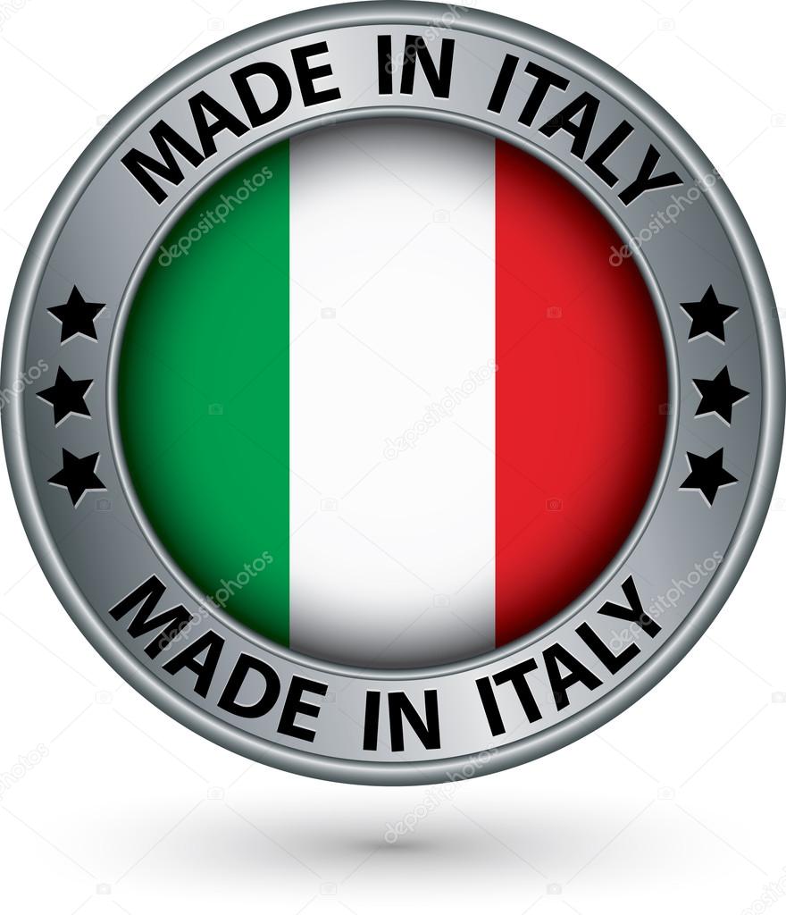Made in Italy silver label with flag, vector illustration