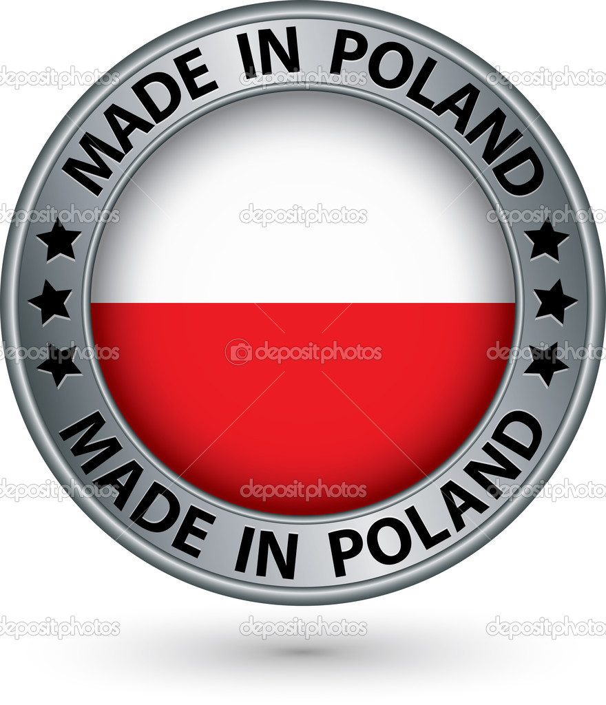 Made in Poland silver label with flag, vector illustration