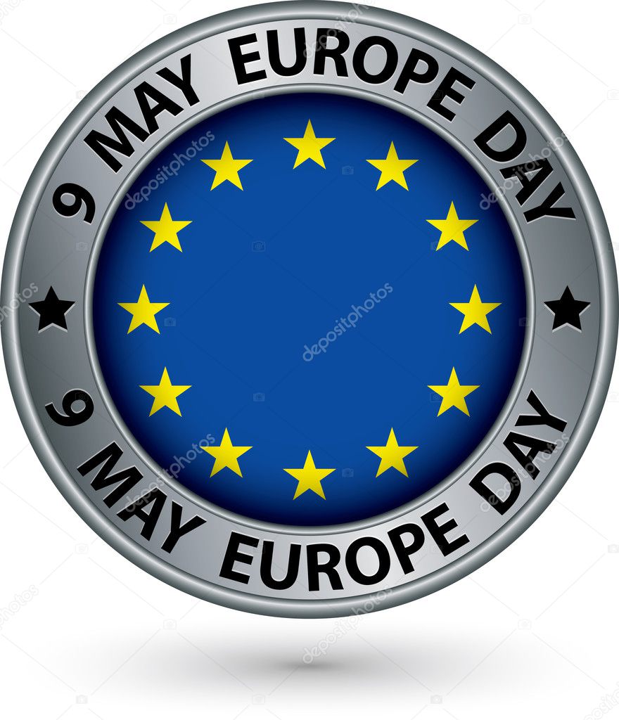 9 may Europe day silver label with flag, vector illustration