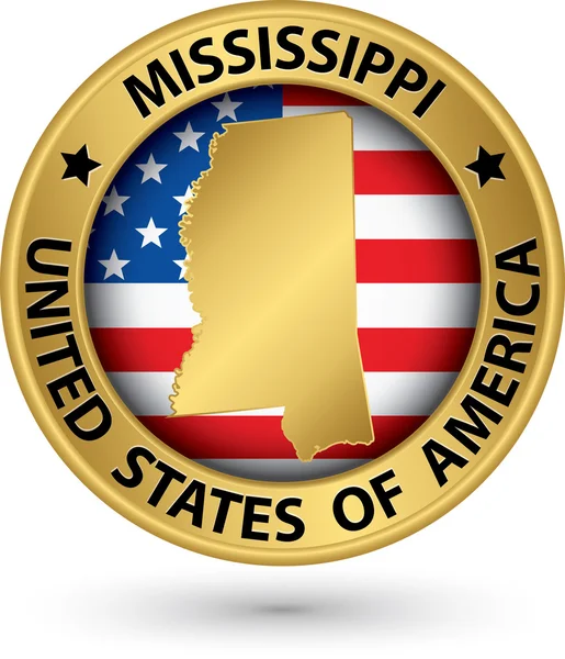 Etiqueta de oro del estado de Mississippi con mapa del estado, ilustración vectorial — Vector de stock