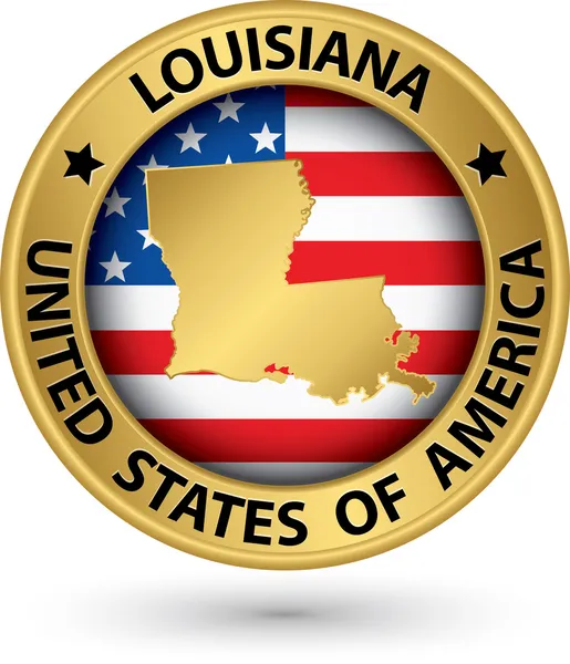 Louisiana etichetta in oro di stato con mappa di stato, illustrazione vettoriale — Vettoriale Stock