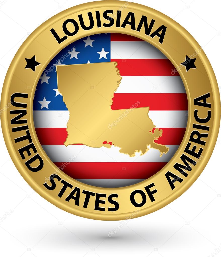 Louisiana state gold label with state map, vector illustration