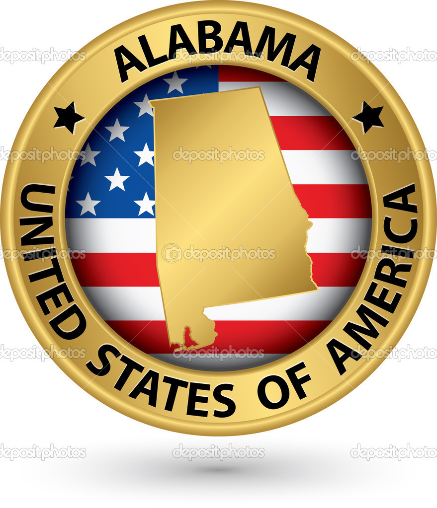 Alabama state gold label with state map, vector illustration