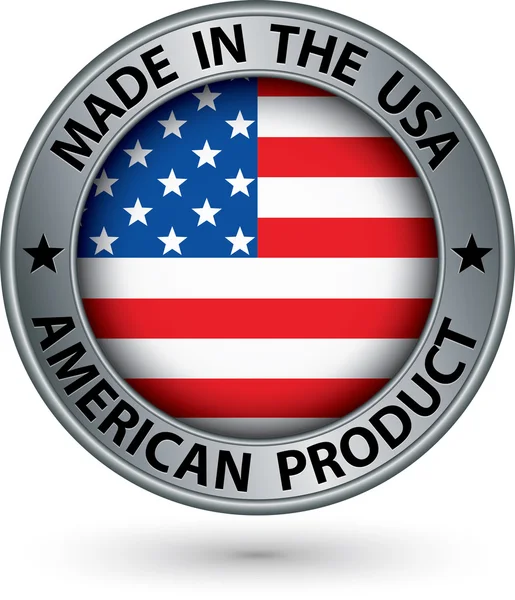 Made in USA prodotto americano etichetta argento con bandiera, vettore — Vettoriale Stock