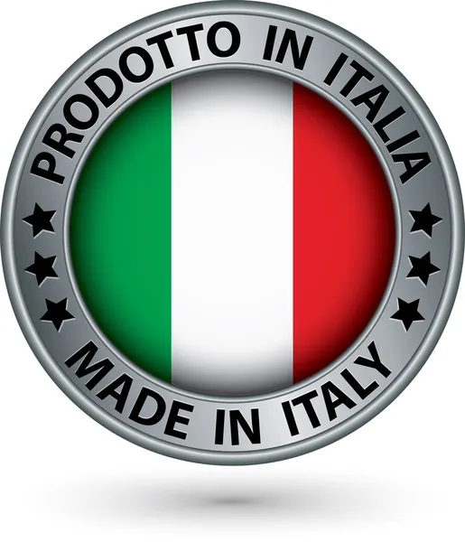 Feito na Itália etiqueta de prata com bandeira, ilustração vetorial — Vetor de Stock