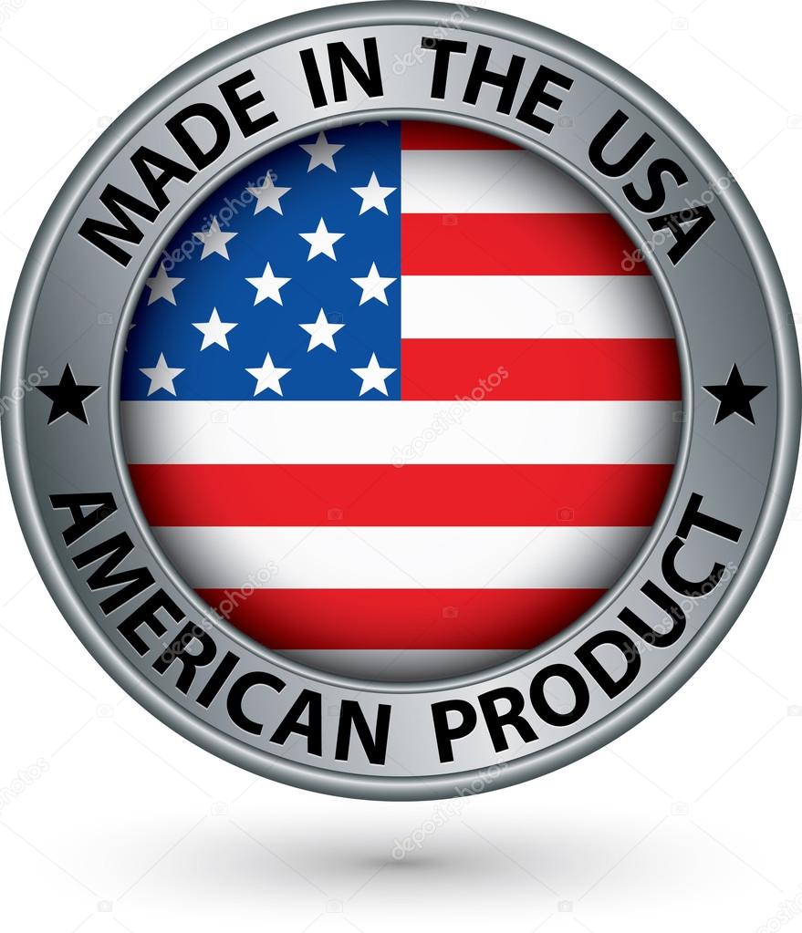 Made in the USA american product silver label with flag, vector 