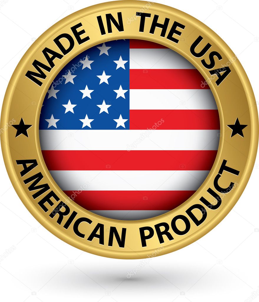 Made in the USA american product gold label with flag, vector il