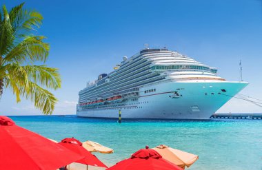 Gezici gemi güneşli bir günde tropikal limana yanaştı.