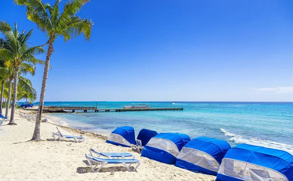 Tropical Beach Palm Tree Boats Distance Sunny Day — Stock Photo, Image