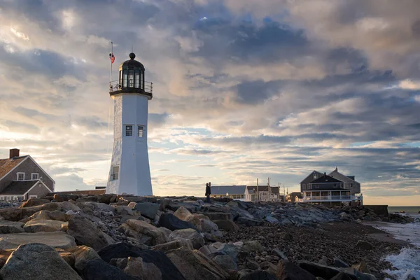 Puesta Sol Faro Scituate Massachusetts — Foto de Stock