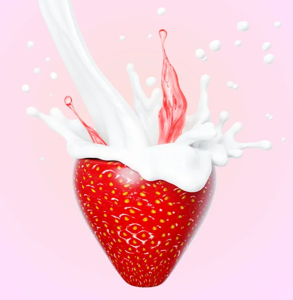 Erdbeere Spritzender Sahne Abstraktes Dessert Hintergrund Erdbeere Einem Spritzer Saft — Stockfoto