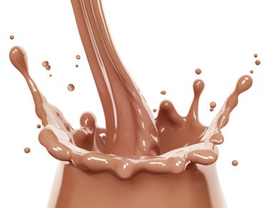 Beyaz arka planda çikolatalı süt sıçraması var. Çikolata sıçraması, yiyecek ve içecek çizimi, soyut arka plan, izole edilmiş üç boyutlu görüntüleme