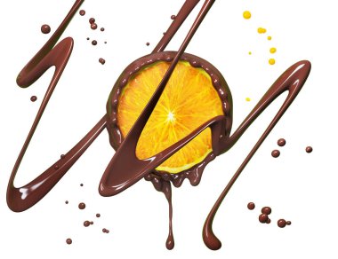 Çikolatalı portakal. Beyaz arka planda izole edilmiş turuncu ve damlacıklı koyu çikolata lekeleri, narenciye, 3 boyutlu renkler. 