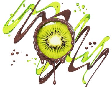 Çikolatalı Kivi. Beyaz arka planda izole edilmiş kivi suyu ve damlacıklar ile koyu çikolata sıçraması.