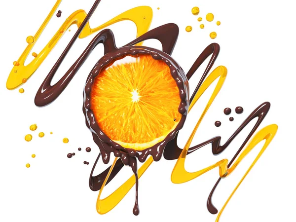 Orange Dans Chocolat Éclaboussure Chocolat Noir Avec Orange Gouttelettes Isolées — Photo