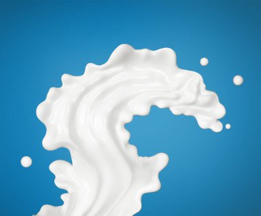 Milk or yogurt splash on blue background, food illustration, splashing liquid soap, shampoo, 3d rendering