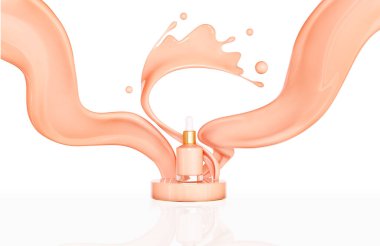 Pembe makyaj malzemesi. Sıvı temel krem kozmetik şişesi. Su sıçratan kozmetik sıvısı, reklam. İzole edilmiş, 3D görüntüleme; 