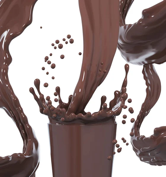 Splashes Drops Melted Dark Chocolate Glass Dynamic Splashes Hot Coffee — Stock Photo, Image
