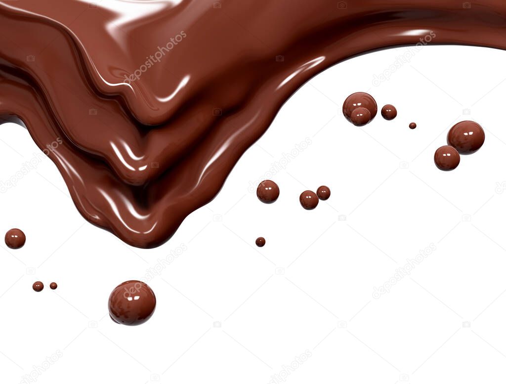 Dripped hot melted milk chocolate sauce or syrup, pouring chocolate wave or flow splash, cocoa drink or cream, abstract dessert background, choco splash, drink dessert, isolated, 3d rendering