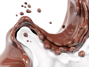 Hot melted chocolate and milk shake, sauce or syrup with drops,splatters, pouring chocolate wave or flow splash, cocoa drink or milkshake, swirl dessert background, choco splash, drink dessert, isolated, 3d rendering