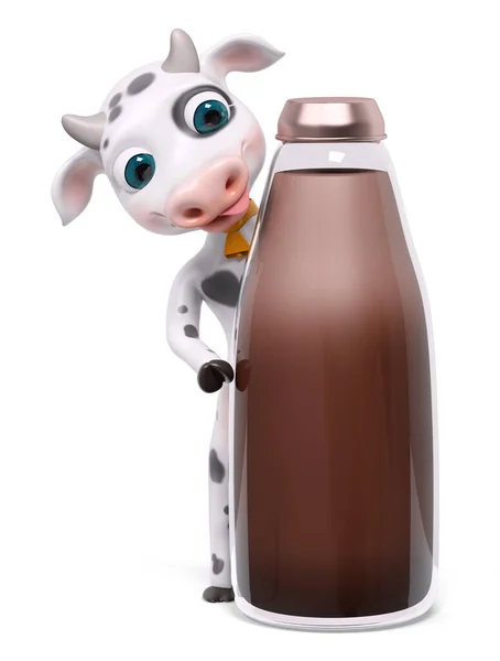 Cartoon Character Cow Standing Cacao Bottle Isolated Rendering — Foto de Stock