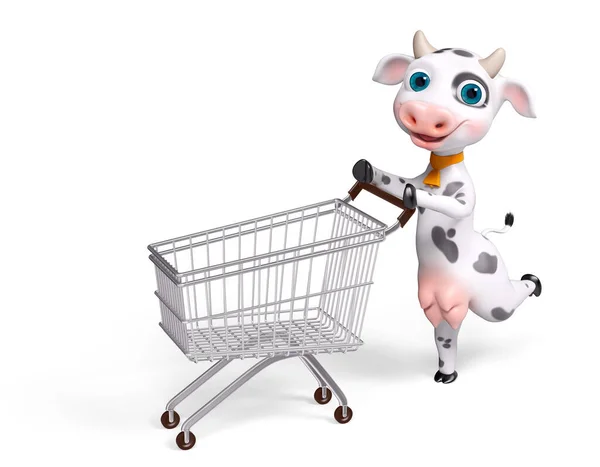 Caricatura Personaje Vaca Corriendo Con Carro Compra Aislado Renderizado — Foto de Stock